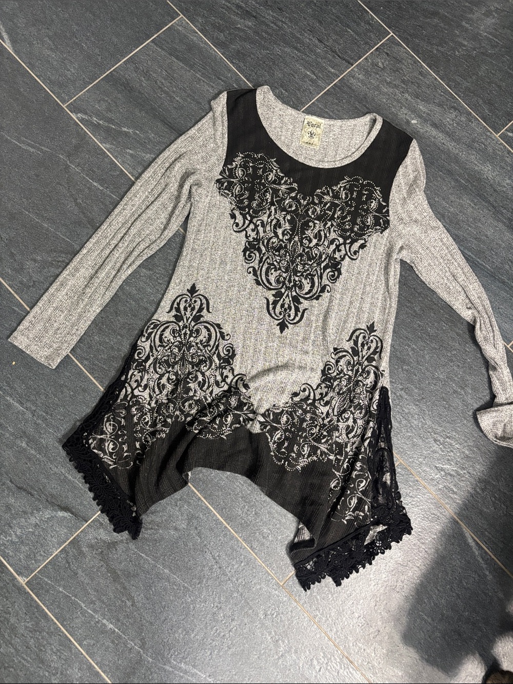Vocal Alt Gray Tunic with Black Lace & Ornate Print